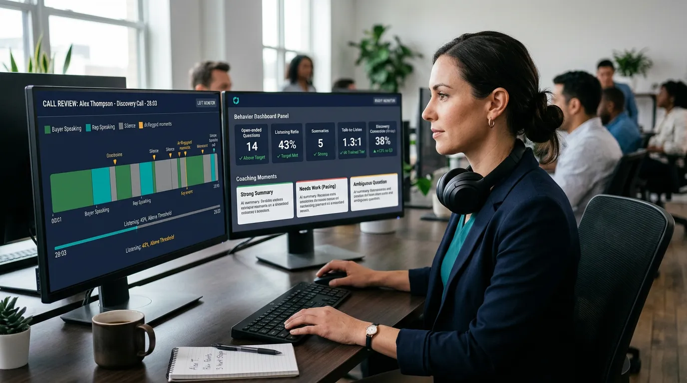 Sales rep reviewing AI-revealed conversation patterns with listening ratio, question count, and behavior coaching insights from recorded discovery calls