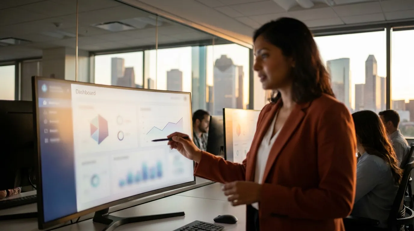 CX operations lead standing at a large monitor with an analytics dashboard in a modern Houston customer experience operations room