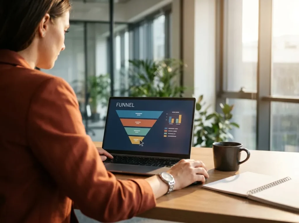 CX operations lead reviewing an analytics funnel visualization on a laptop in the same Houston customer experience workspace