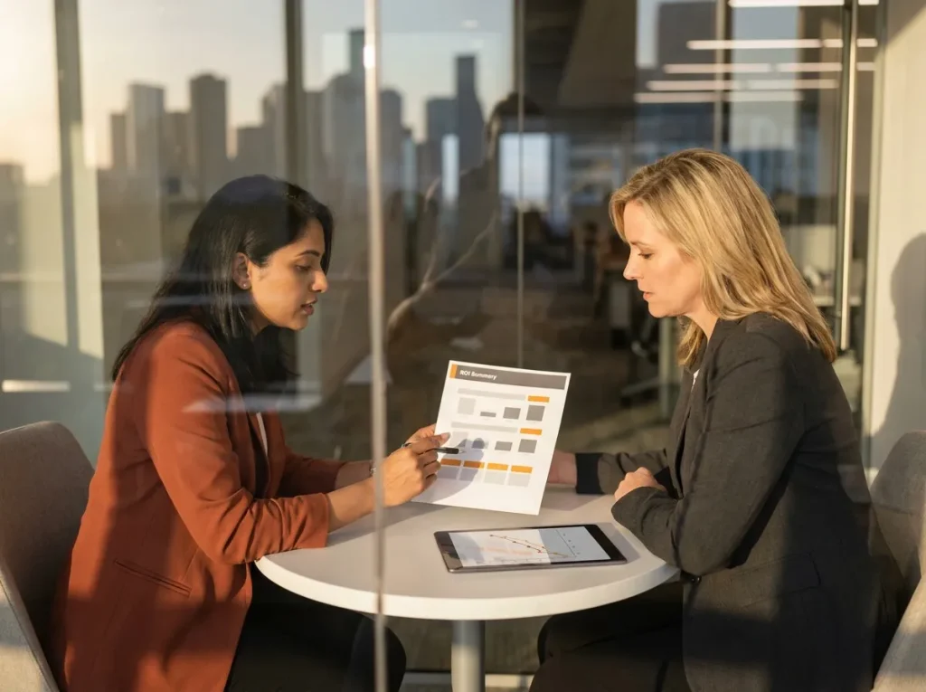 CX operations lead and finance colleague reviewing a printed one-page summary in a Houston huddle room