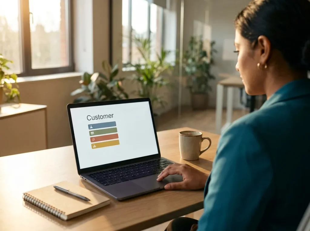 CX operations lead reviewing a unified customer profile with cross-channel history rows on a laptop