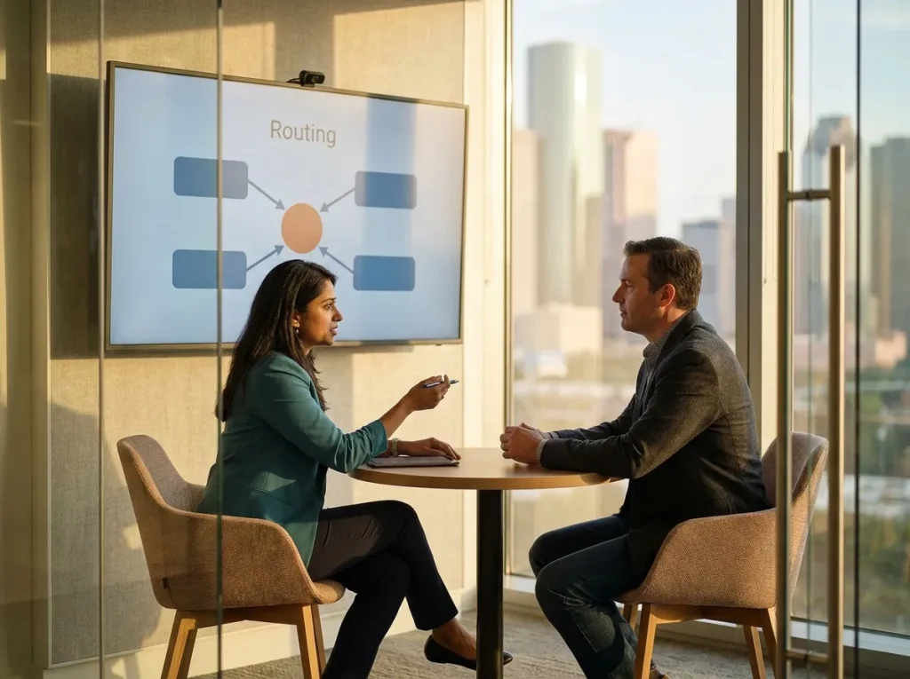 CX operations lead and colleague reviewing a channel-routing diagram on a wall display in a Houston huddle room