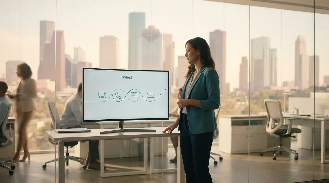 CX operations lead reviewing a unified omnichannel conversation timeline across four channels on a large monitor in a Houston command room