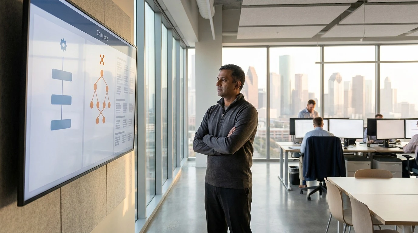 Operations director comparing a linear workflow diagram and a branching agent diagram on a monitor in Houston