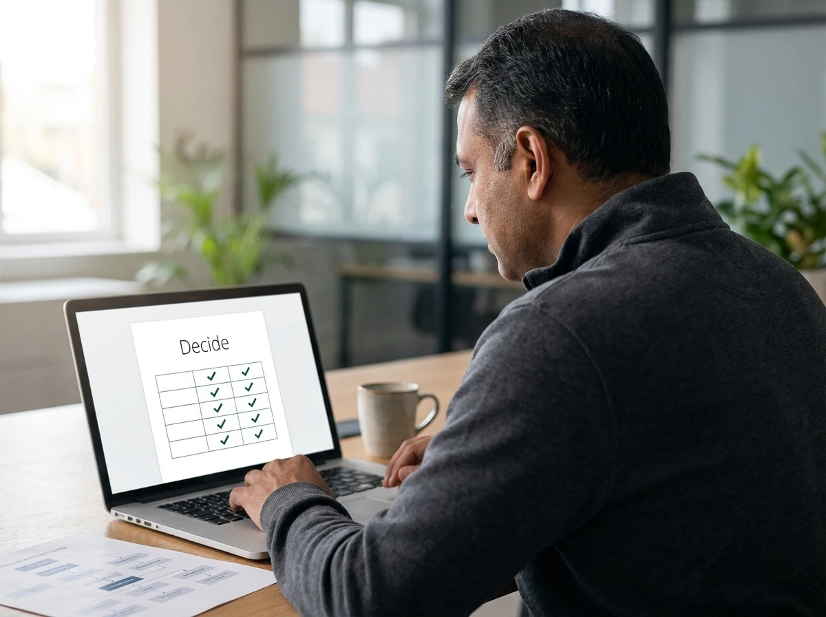 Operations director working through a four-question decision table for automation versus AI agents