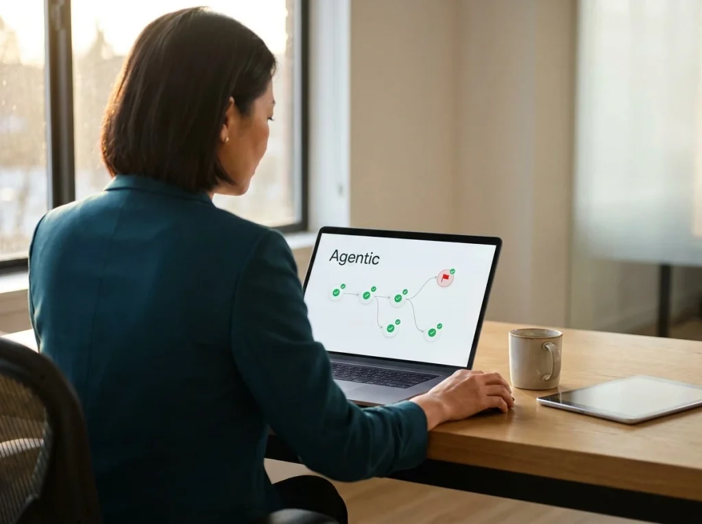 RevOps leader reviewing an agentic workflow diagram with auto-completed tasks and one human-review flag on a laptop