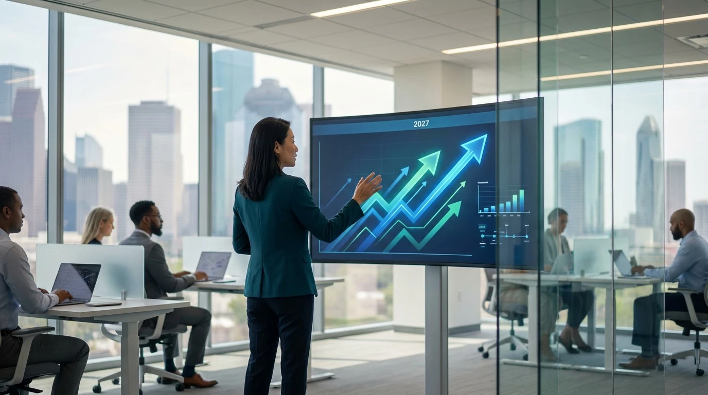 RevOps leader reviewing a forward-looking AI CRM trends dashboard on a large monitor in a Houston revenue operations space