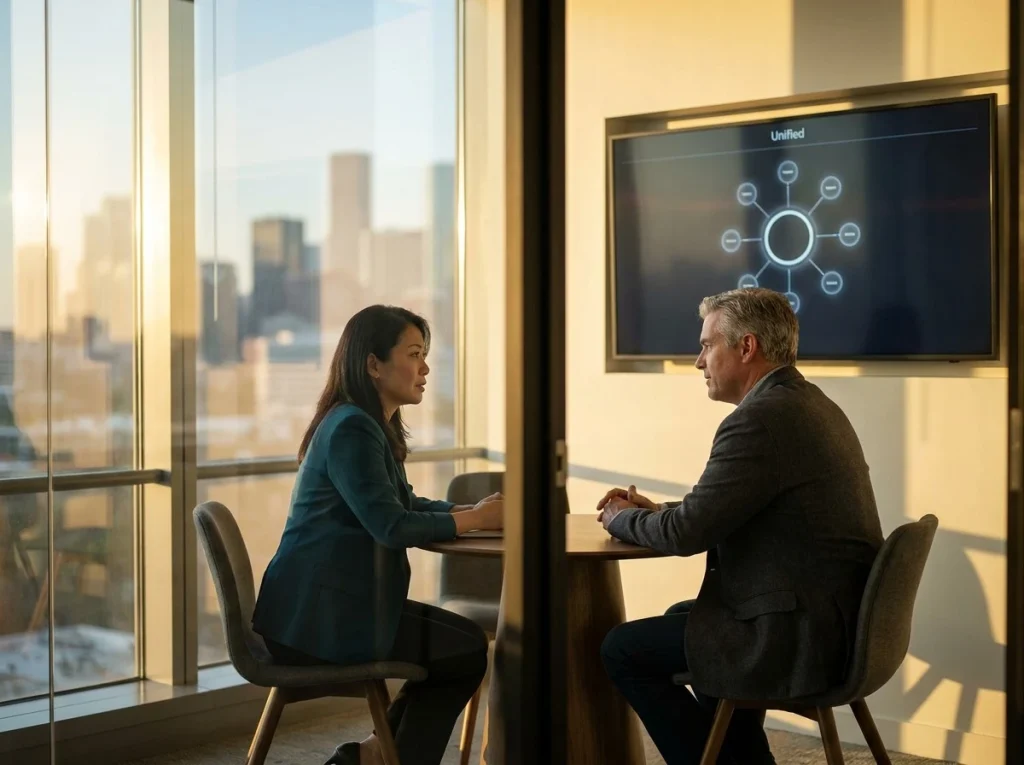 RevOps leader and CIO reviewing a unified customer-data hub-and-spoke diagram on a wall display in a Houston huddle room