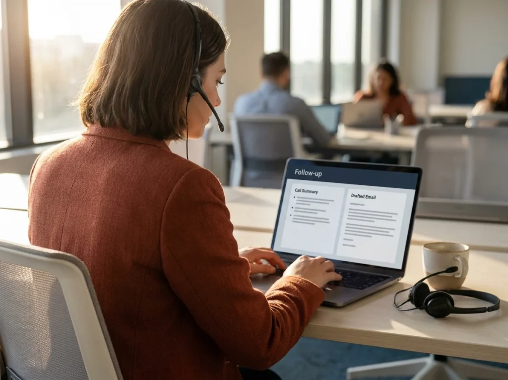 Sales rep reviewing an AI call summary and drafted follow-up email side by side on a laptop