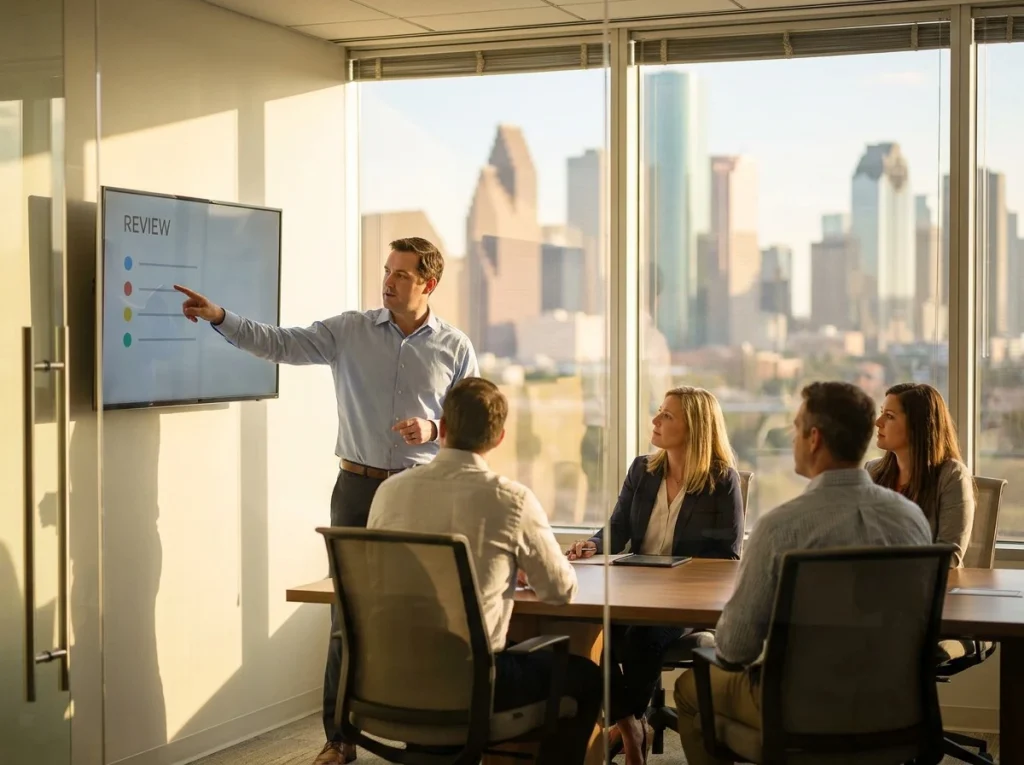 Sales manager running a pipeline review directly from the CRM with three reps in a Houston conference room