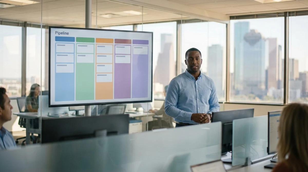 Sales manager reviewing an AI CRM pipeline board on a large monitor on a Houston sales floor