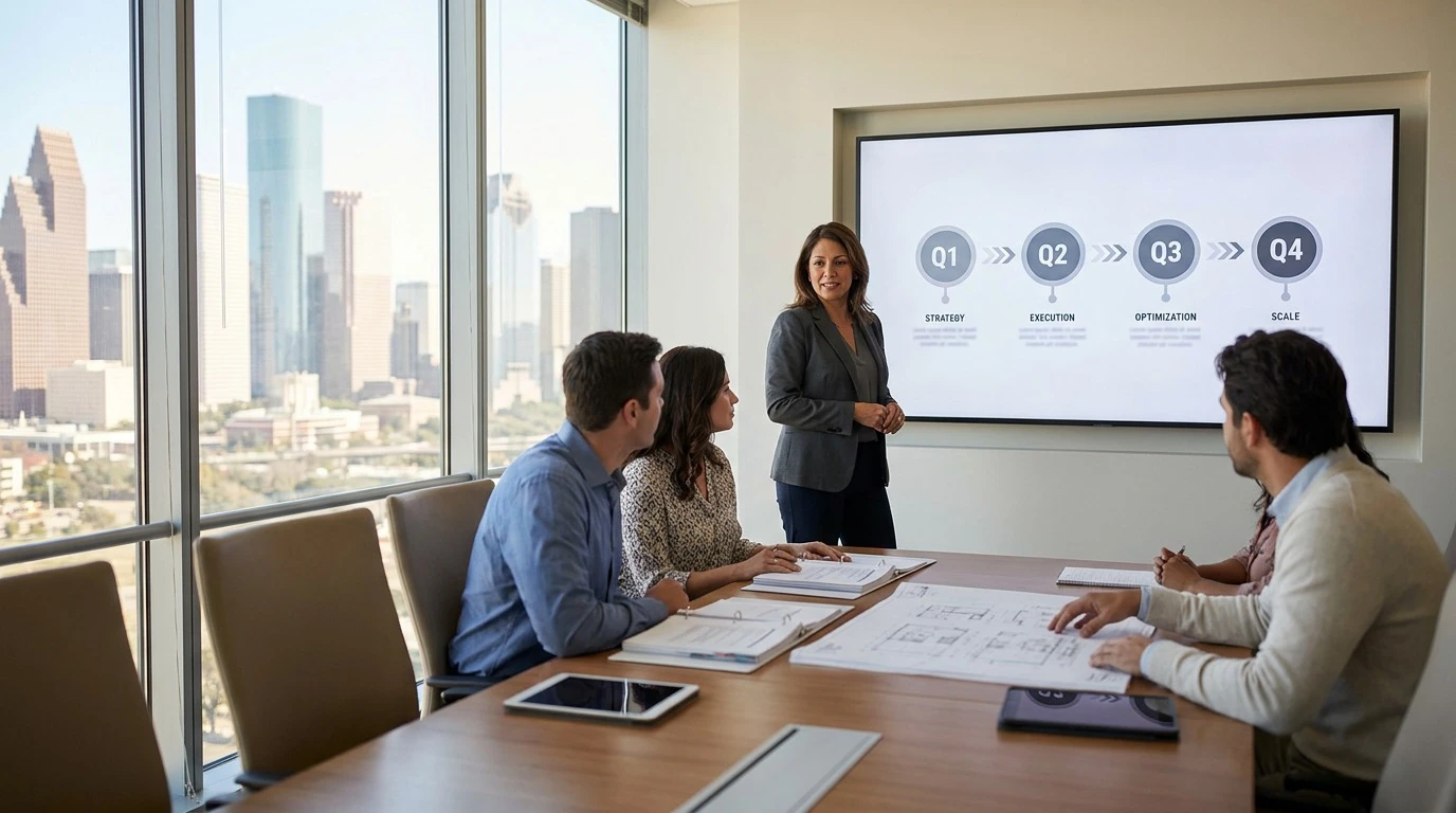 Transformation lead presenting a four-quarter AI automation roadmap timeline to colleagues in a Houston planning room