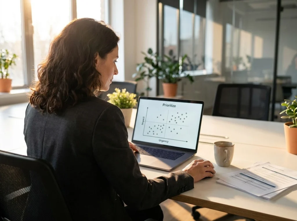 Transformation lead reviewing a value-versus-effort prioritization matrix on a laptop