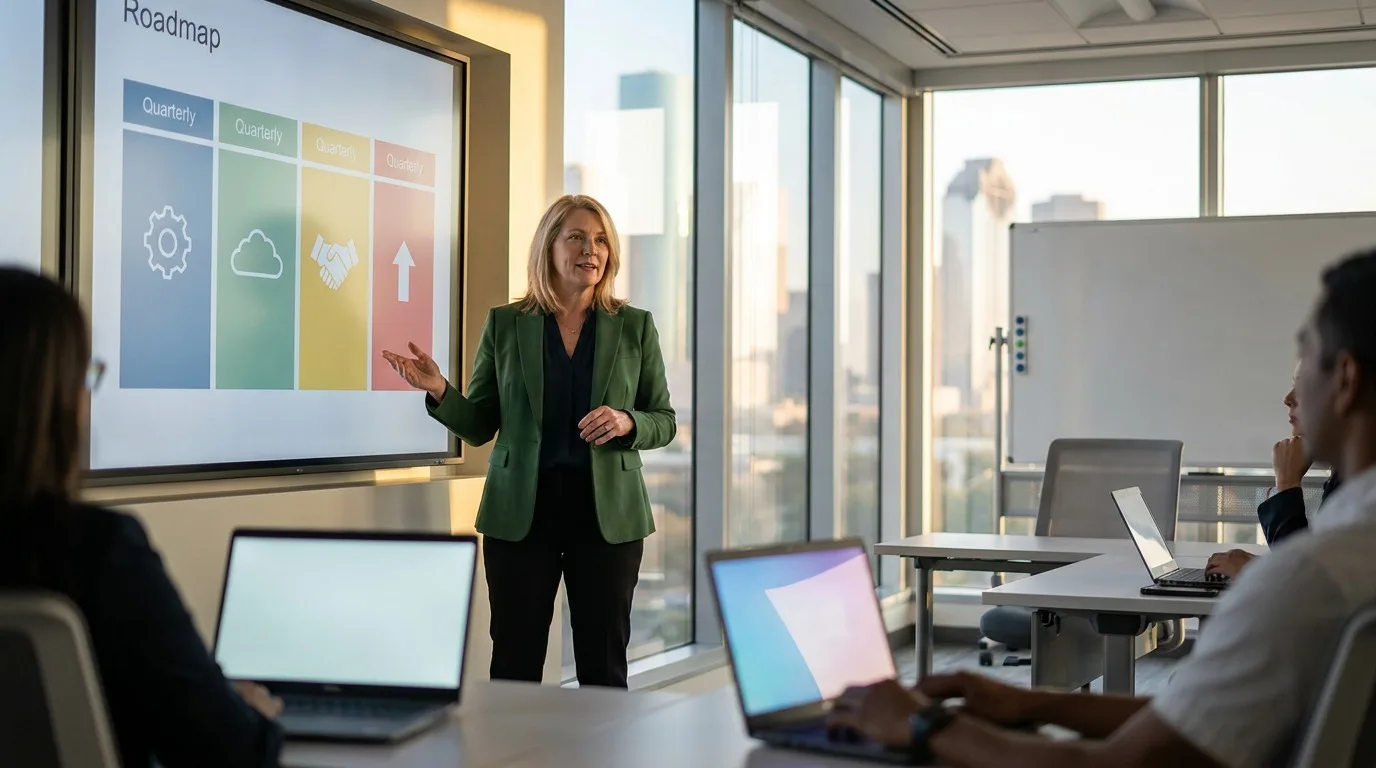 Learning director reviewing a four-quarter AI training roadmap on a wall display in a Houston learning operations room