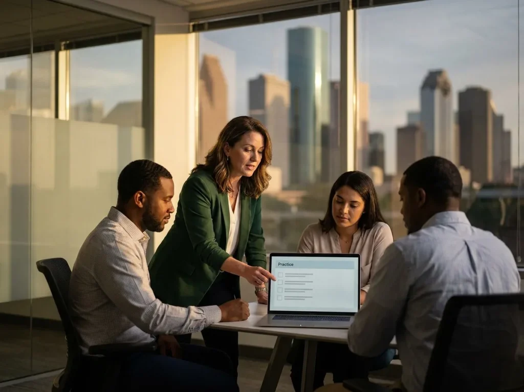 Learning director running a hands-on AI training workshop with a small group in a Houston training room