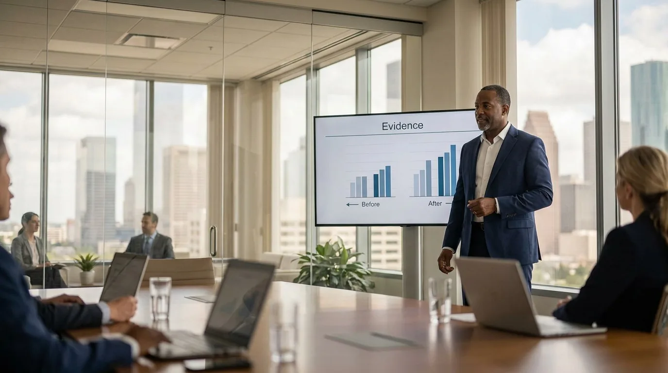 Learning executive presenting a before-and-after training evidence comparison on a large monitor in a Houston meeting room