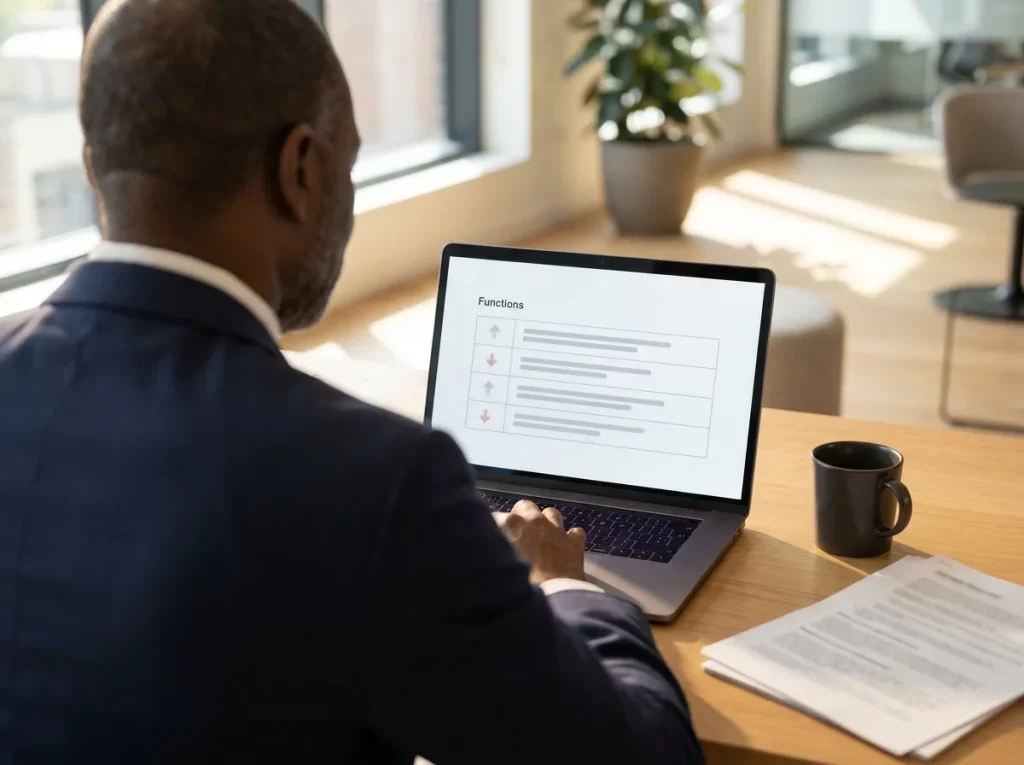 Learning executive reviewing training results by business function on a laptop