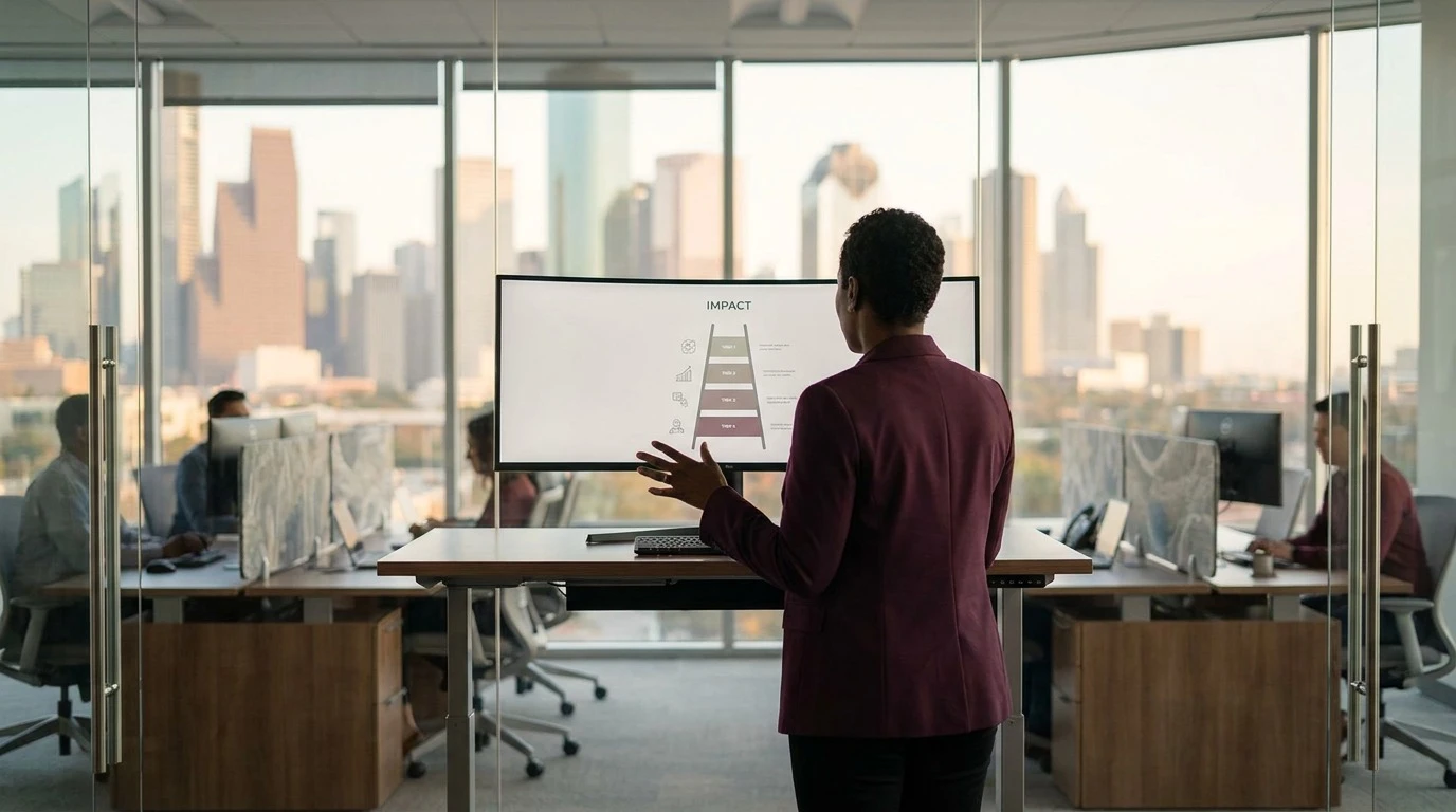 L&D director reviewing a four-tier training-impact ladder diagram on a large monitor in a Houston learning operations room