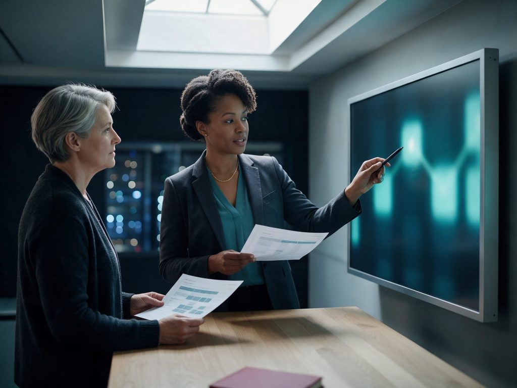 AI strategy consultant reviewing adoption baselines and governance checkpoints with an operations director