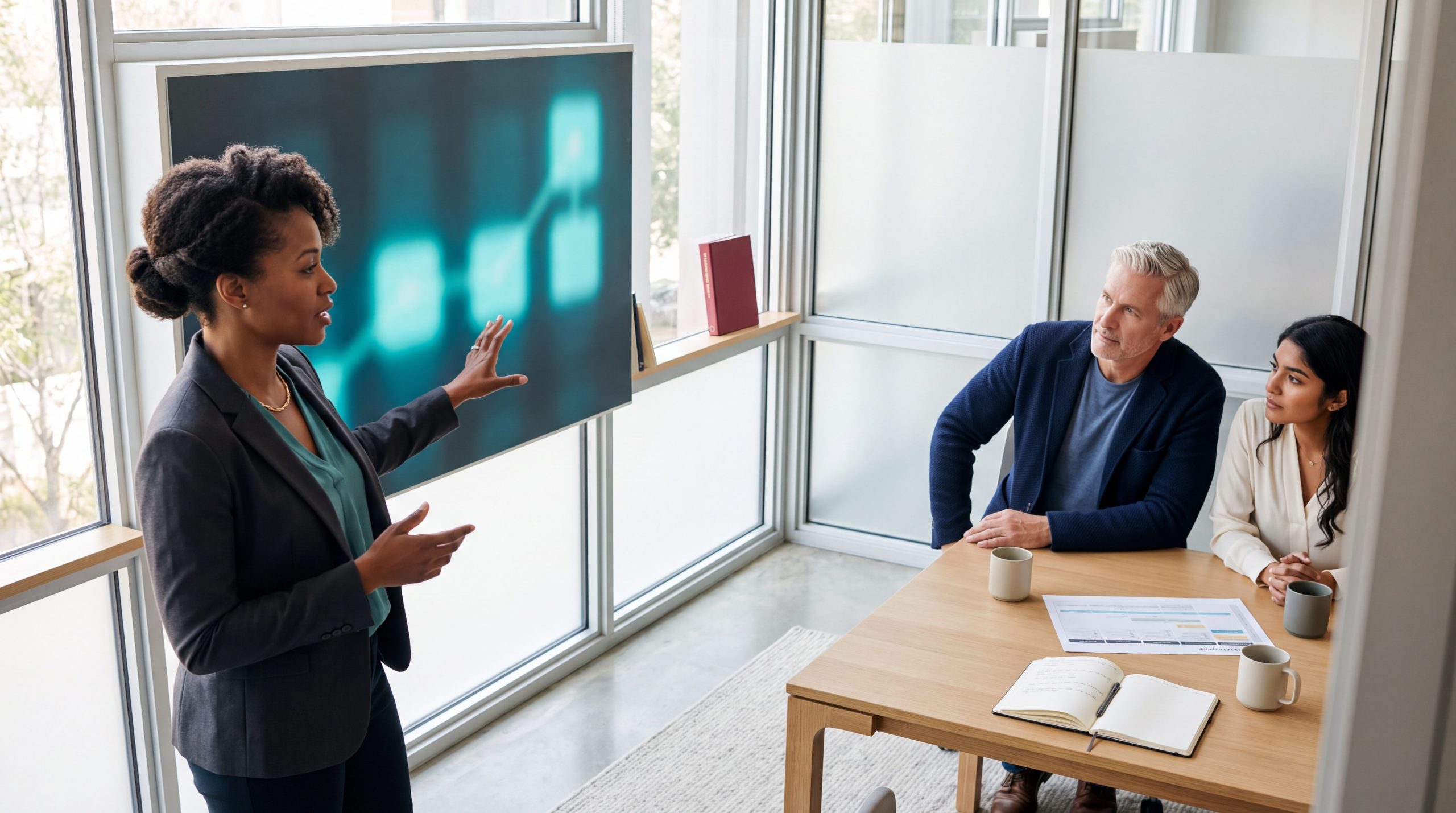 AI strategy consulting session with a consultant presenting a phased AI roadmap to business executives