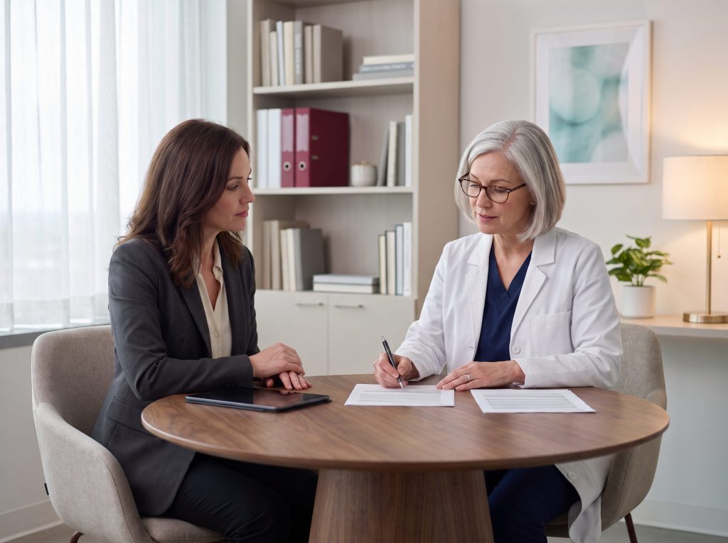 Physician reviewer and healthcare marketing director checking article content for accuracy and compliance
