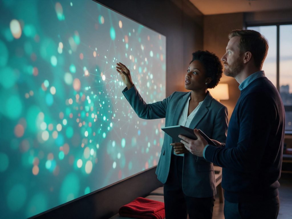 Franchise team reviewing AI search visibility signals for local SEO across franchise locations on an abstract display