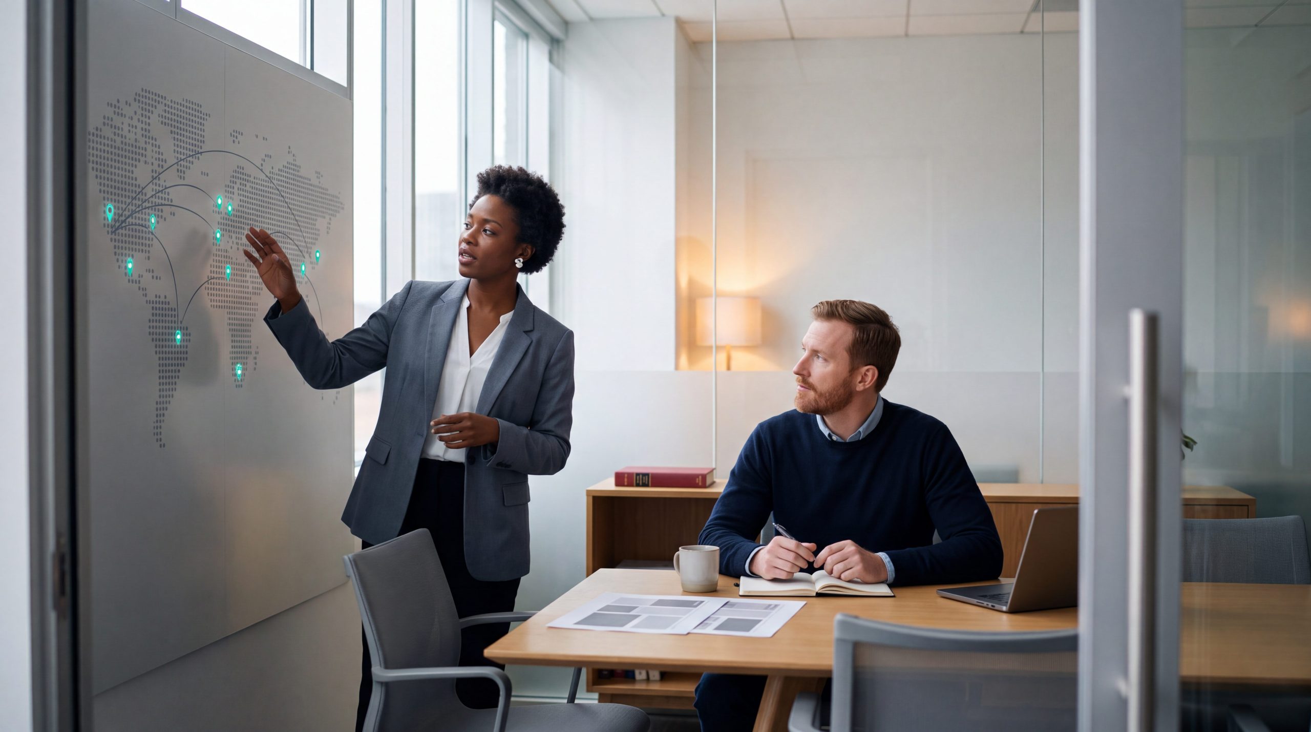 Franchise operations director and marketing lead planning local SEO for franchises across a multi-location territory map