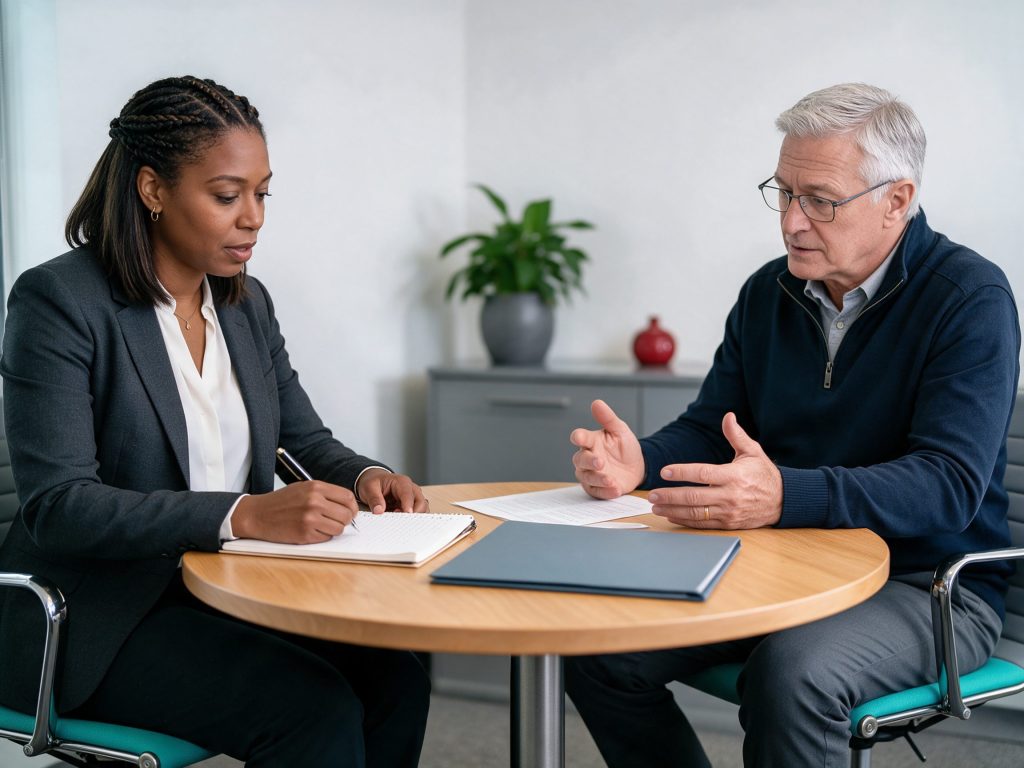 Practice administrator and physician owner evaluating medical SEO services during a vendor selection meeting