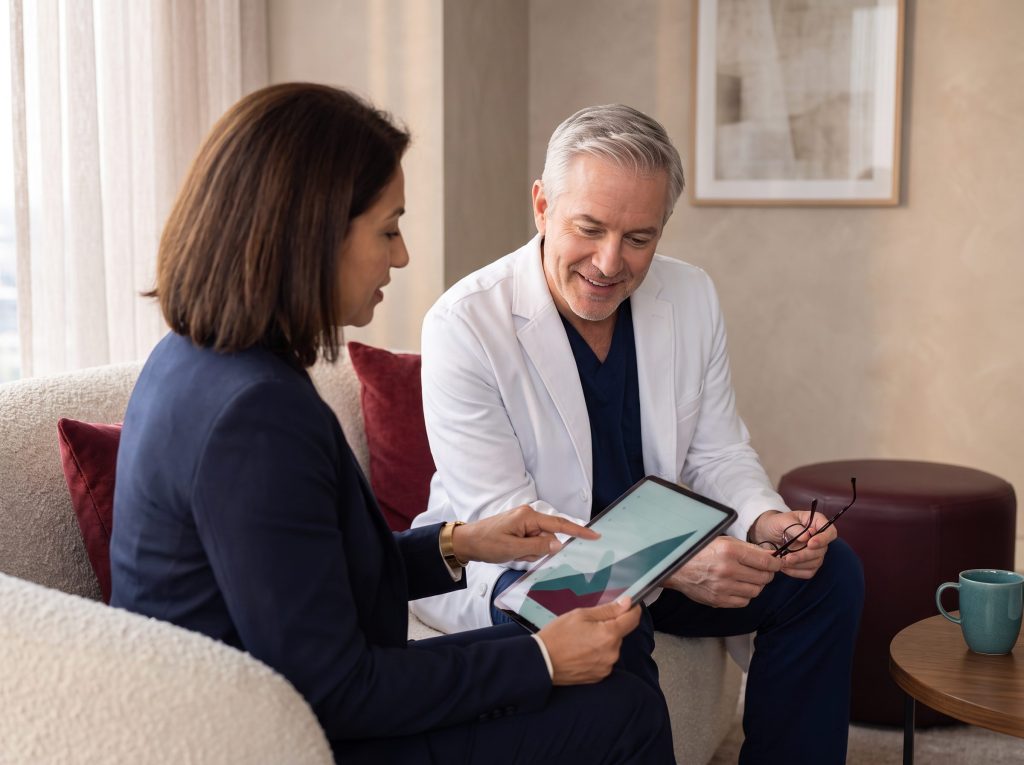 Plastic surgeon and practice manager reviewing monthly SEO results on a tablet in a practice consultation lounge