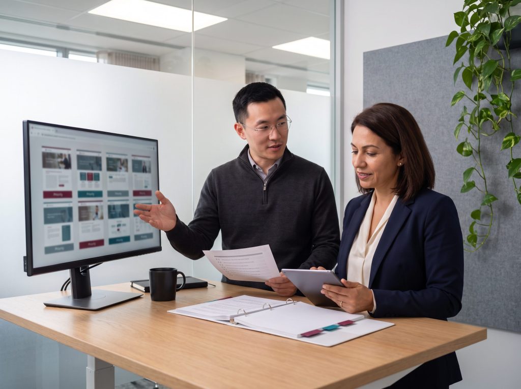 SEO strategist and plastic surgery practice manager reviewing a website audit and procedure page plan at a desk
