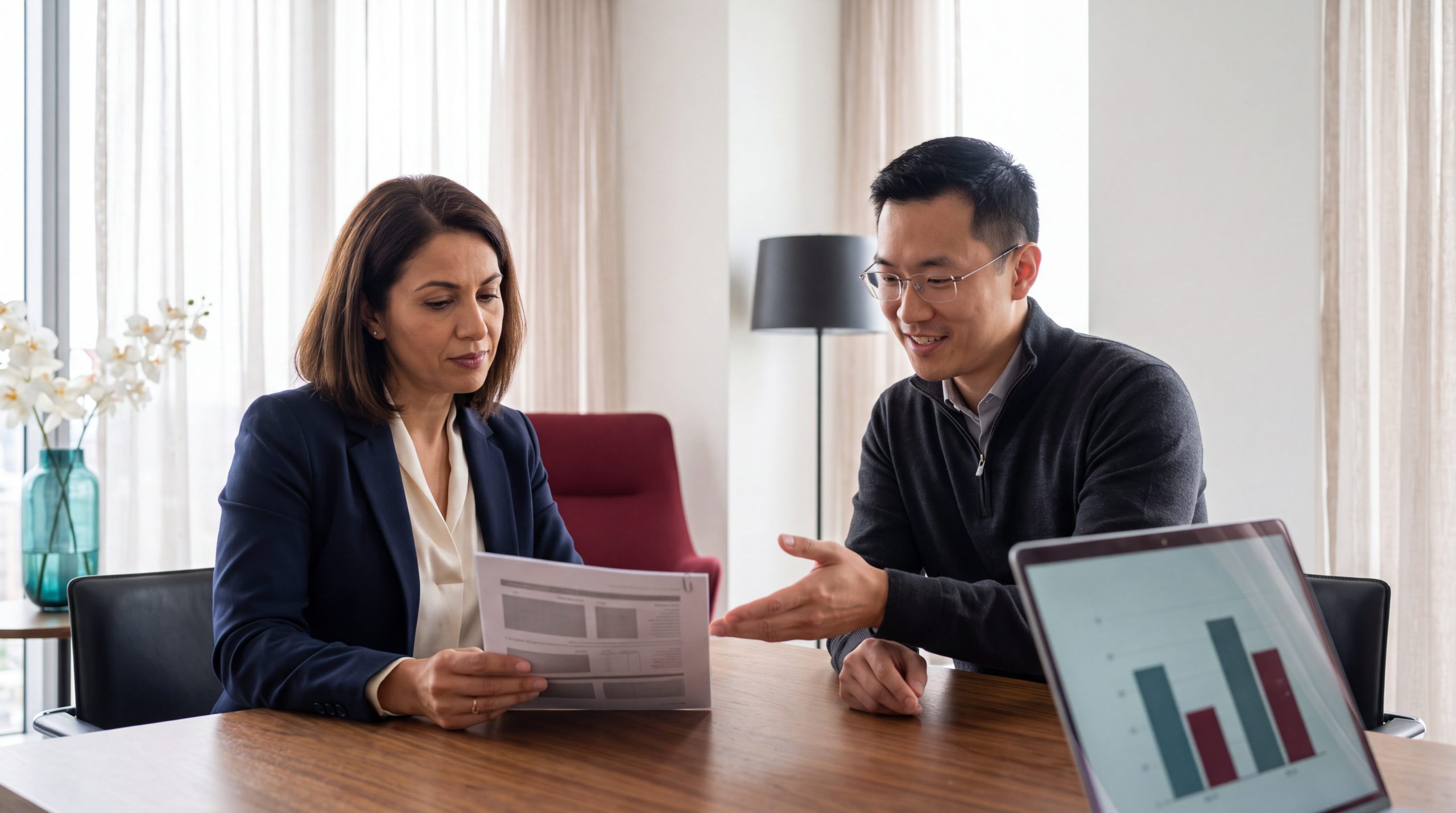 Plastic surgery practice manager and SEO strategist reviewing a plastic surgery SEO services proposal in a consultation office