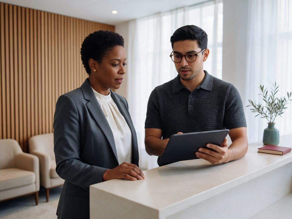 Practice team reviewing AI search visibility for plastic surgery SEO on an office tablet