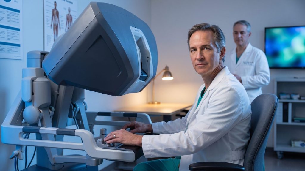 Surgeon on a robotic simulation console, showing da Vinci trained surgeon credentials in practice