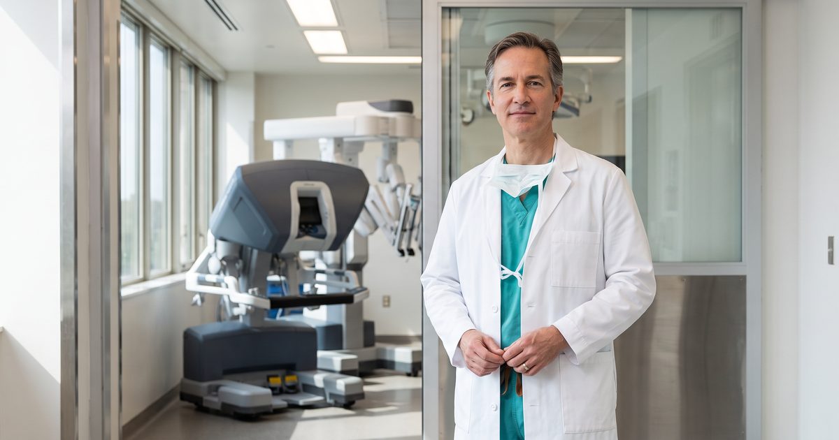 Surgeon in a hospital corridor for a robotic surgeon bio page built on verifiable credentials