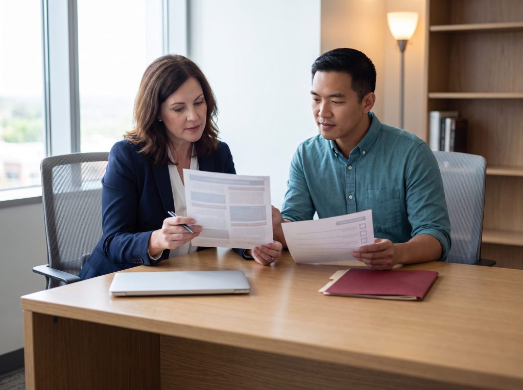 Program director and marketing manager reviewing a robotic surgery patient education handout for compliance