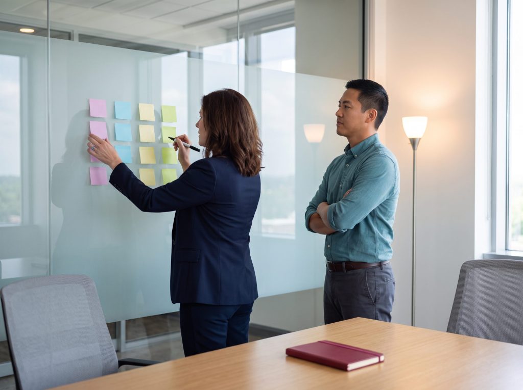 Program director and marketing manager mapping robotic surgery patient education funnel stages on a glass wall