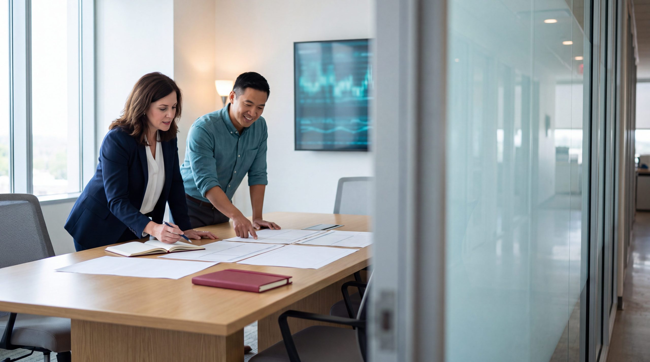 Robotic surgery program director and marketing manager planning patient education content at a conference table