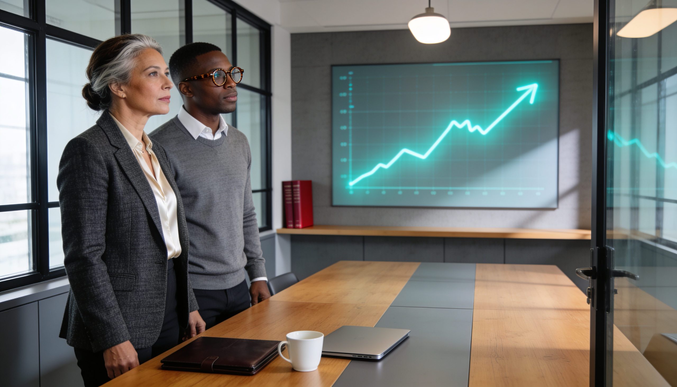 M&A advisory SEO strategy session as a managing partner and associate review deal-flow search visibility trends