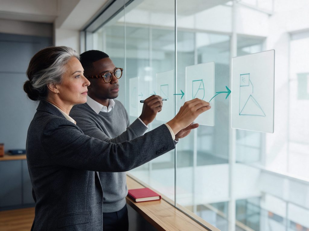 Four-layer SEO program for M&A advisory firms mapped on a glass wall from foundation to measurement
