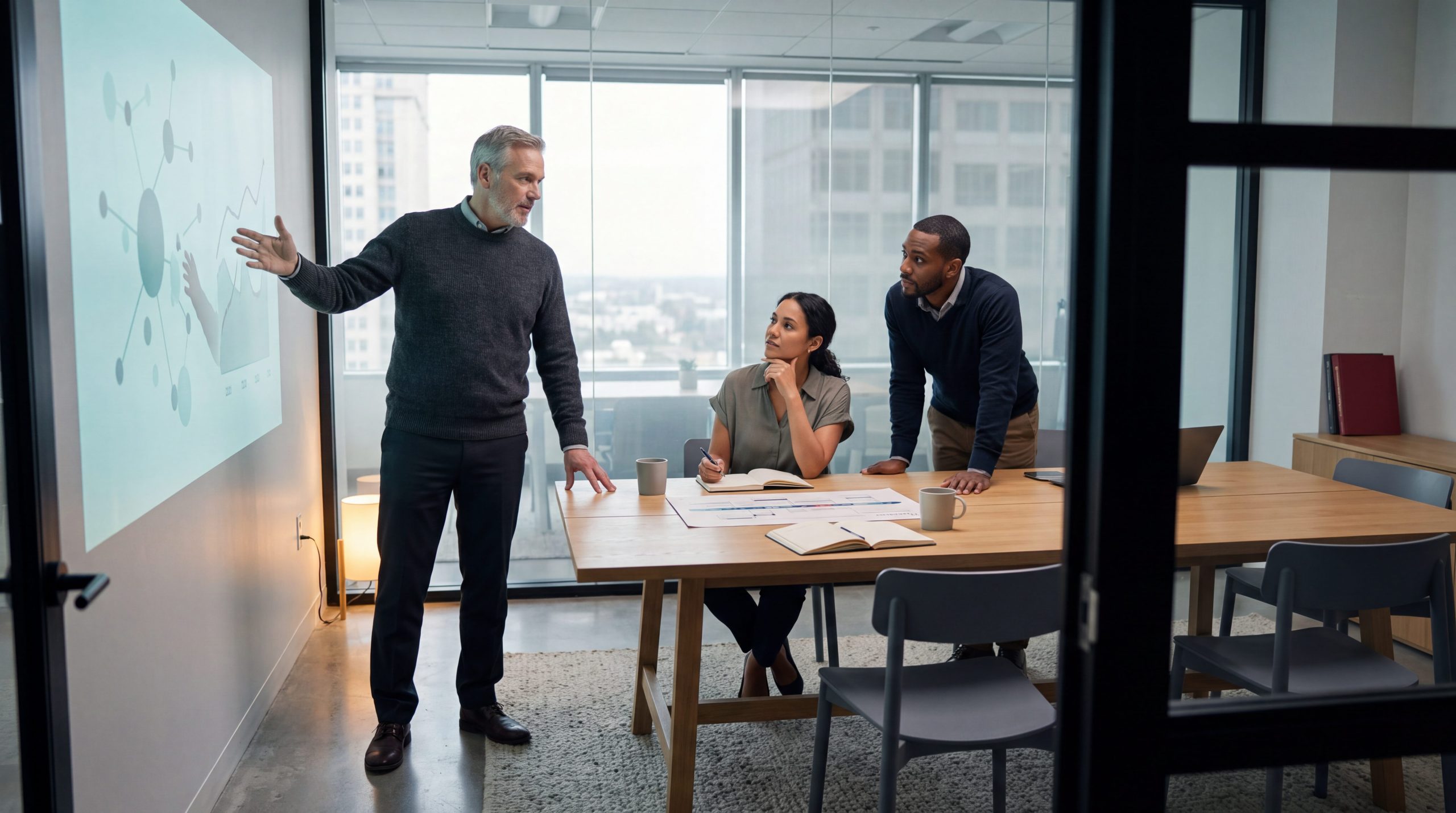 AI consulting strategy briefing with executives reviewing an AI adoption roadmap in a modern office