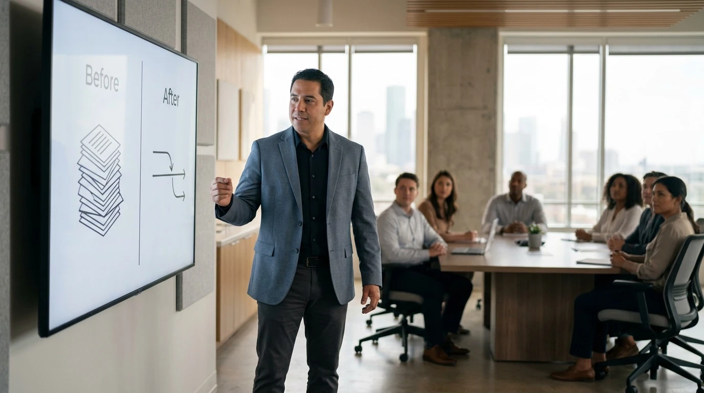 Operations director presenting a before-and-after automation comparison on a wall display in a Houston operations office
