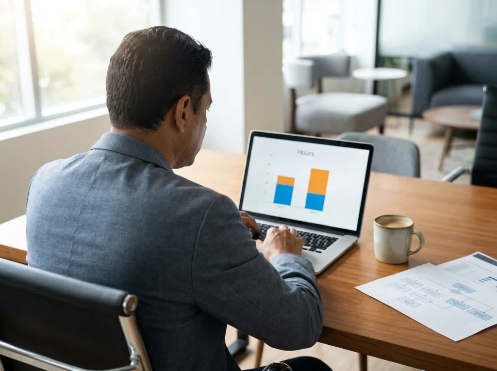 Operations director reviewing a before-and-after hours-saved comparison on a laptop