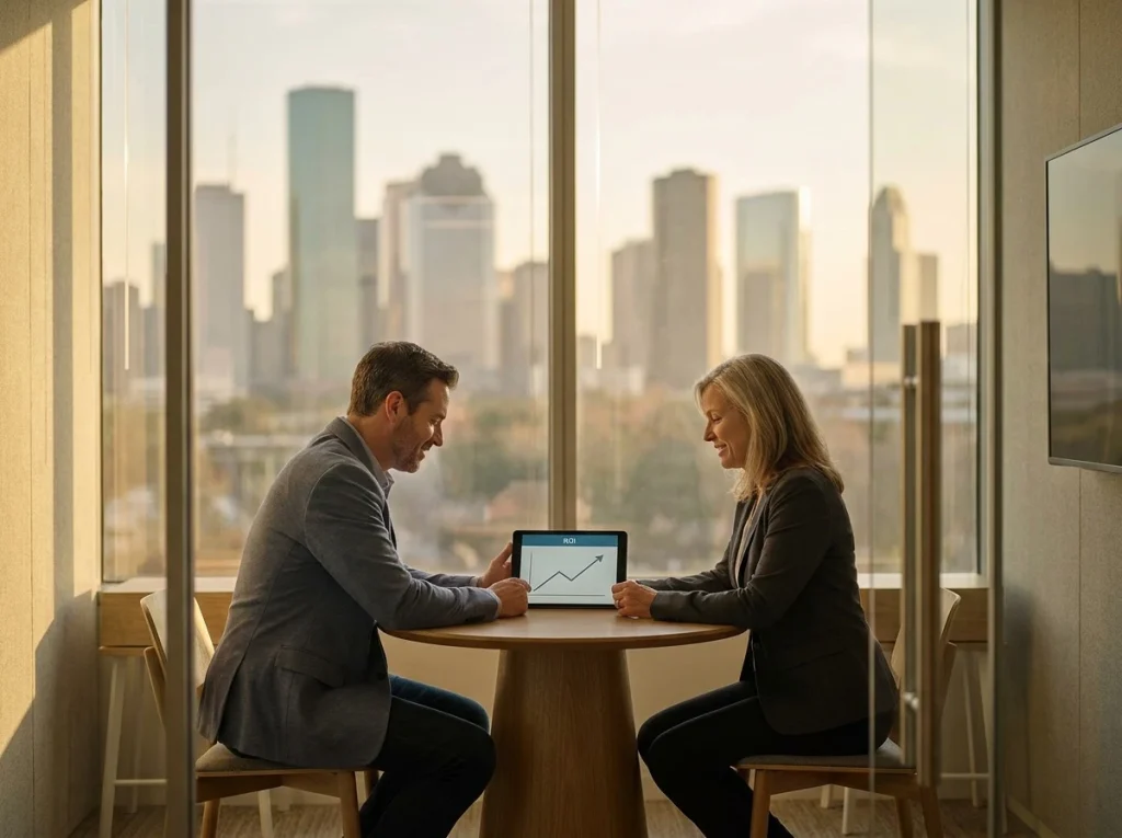 Operations director and CFO reviewing a cumulative ROI chart on a tablet in a Houston huddle room