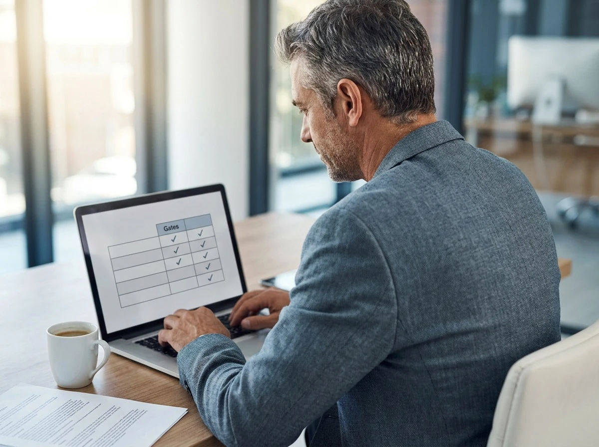 Operations executive reviewing automation approval gates by consequence level on a laptop