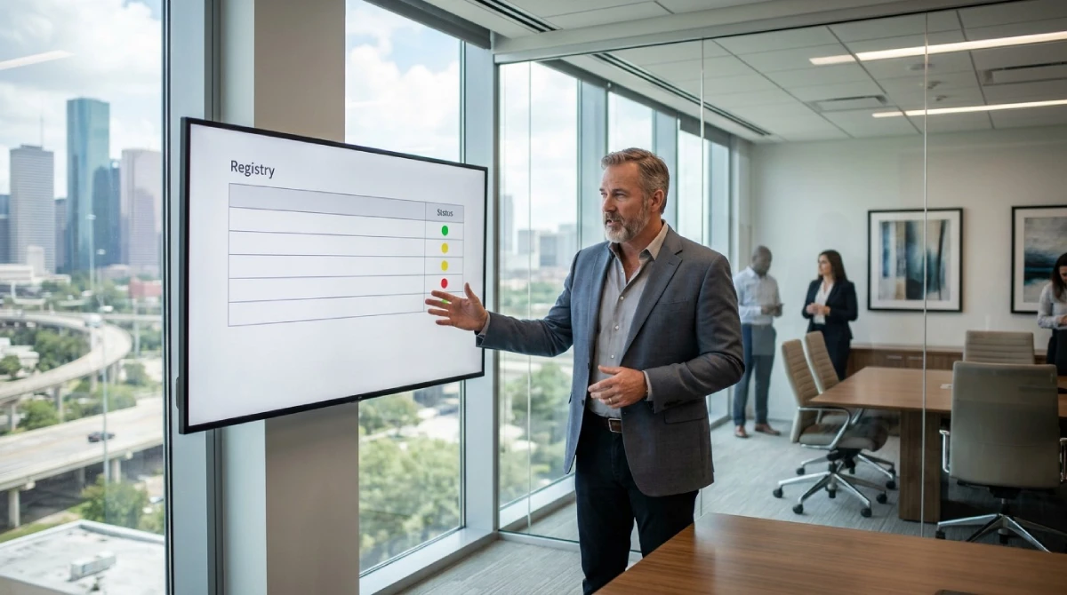 Operations executive reviewing an automation registry with ownership status on a monitor in a Houston office