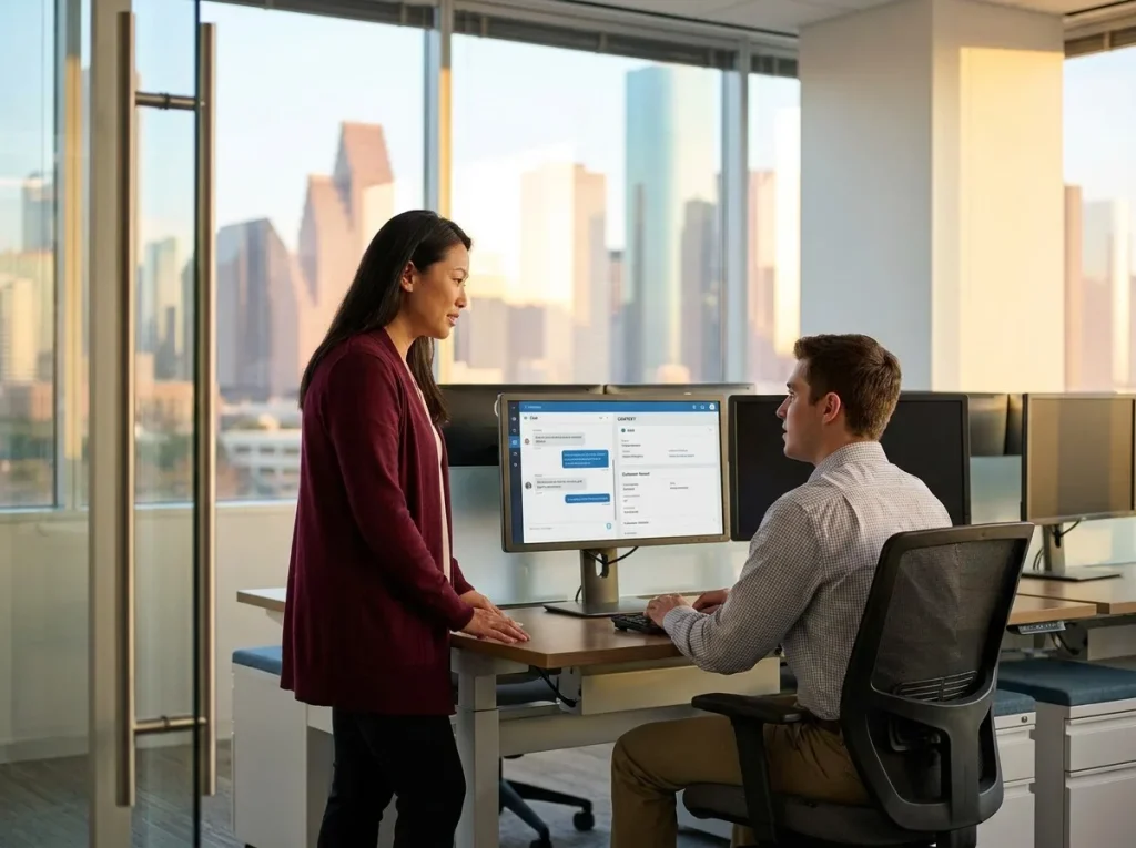 Support lead and agent reviewing a transferred chatbot conversation with the customer record alongside it