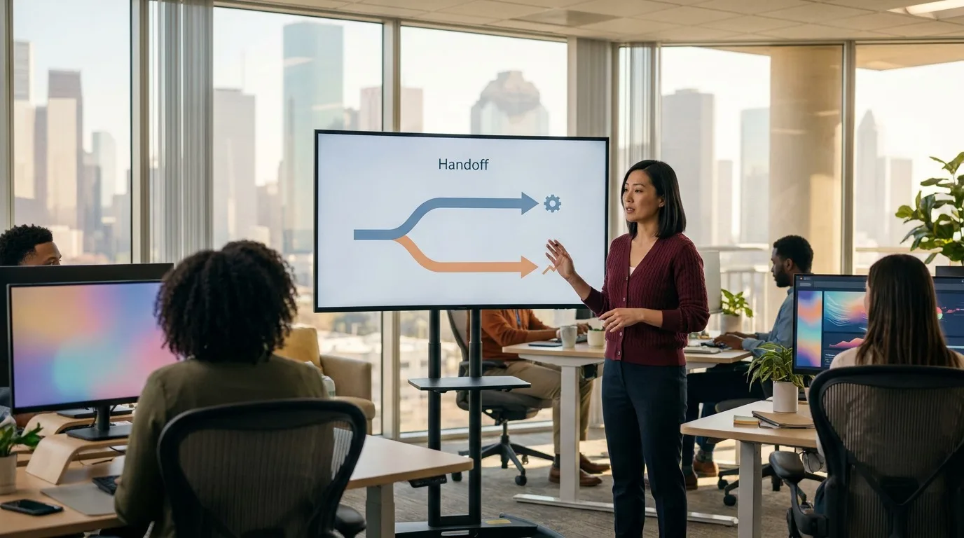 Support operations lead reviewing a chatbot escalation branch diagram on a large monitor in a Houston support floor