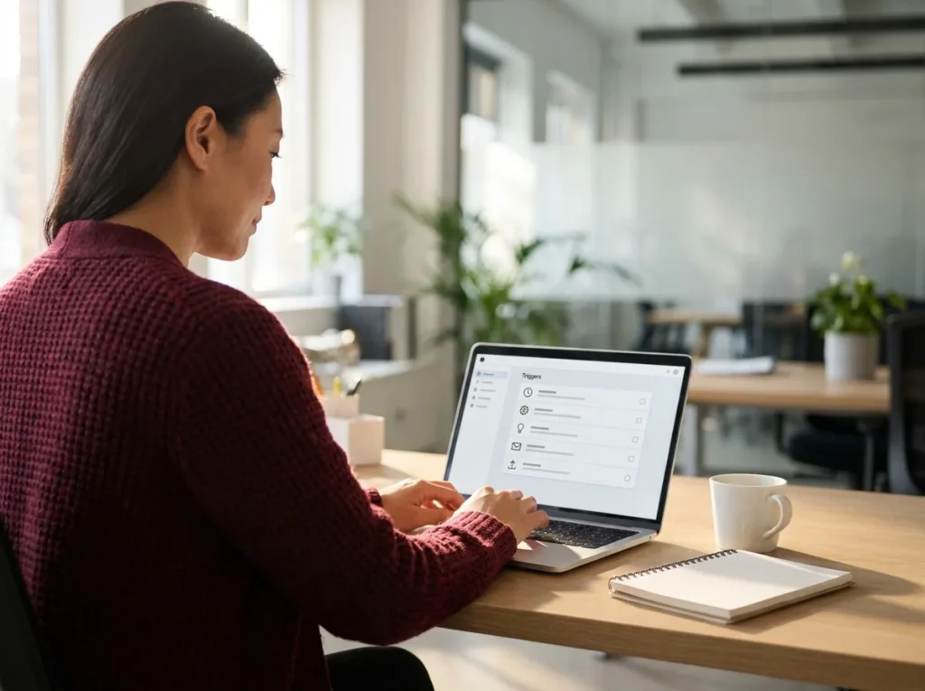 Support operations lead reviewing a five-signal chatbot escalation trigger checklist on a laptop