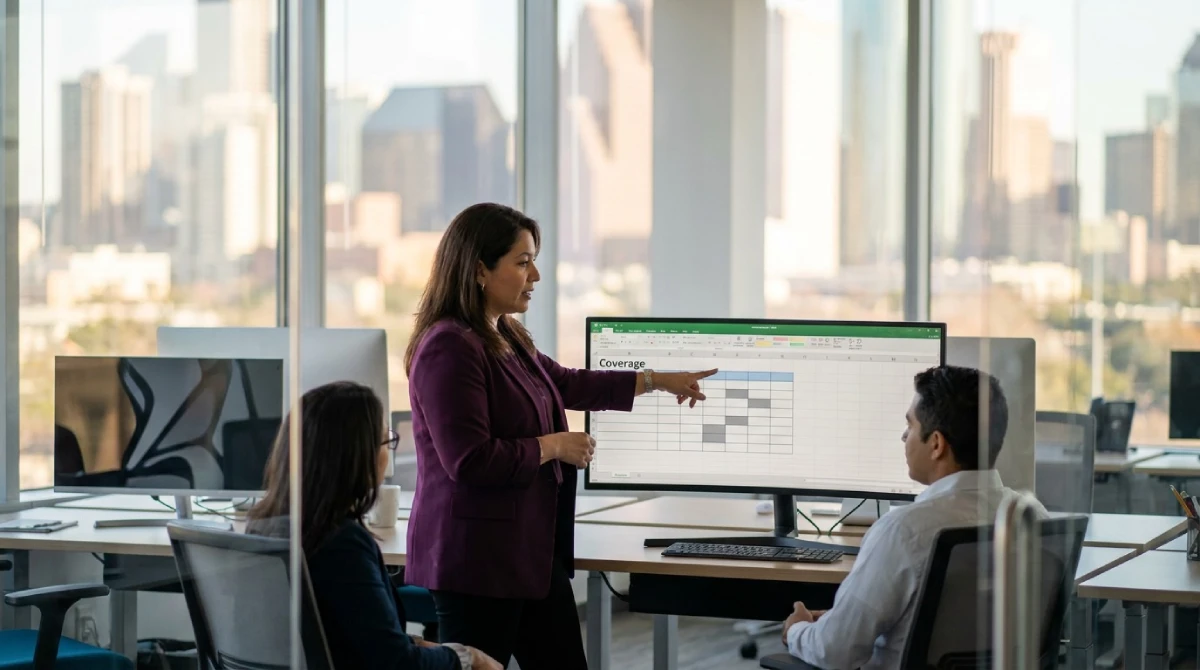 Revenue operations lead reviewing CRM record coverage gaps on a large monitor in a Houston office