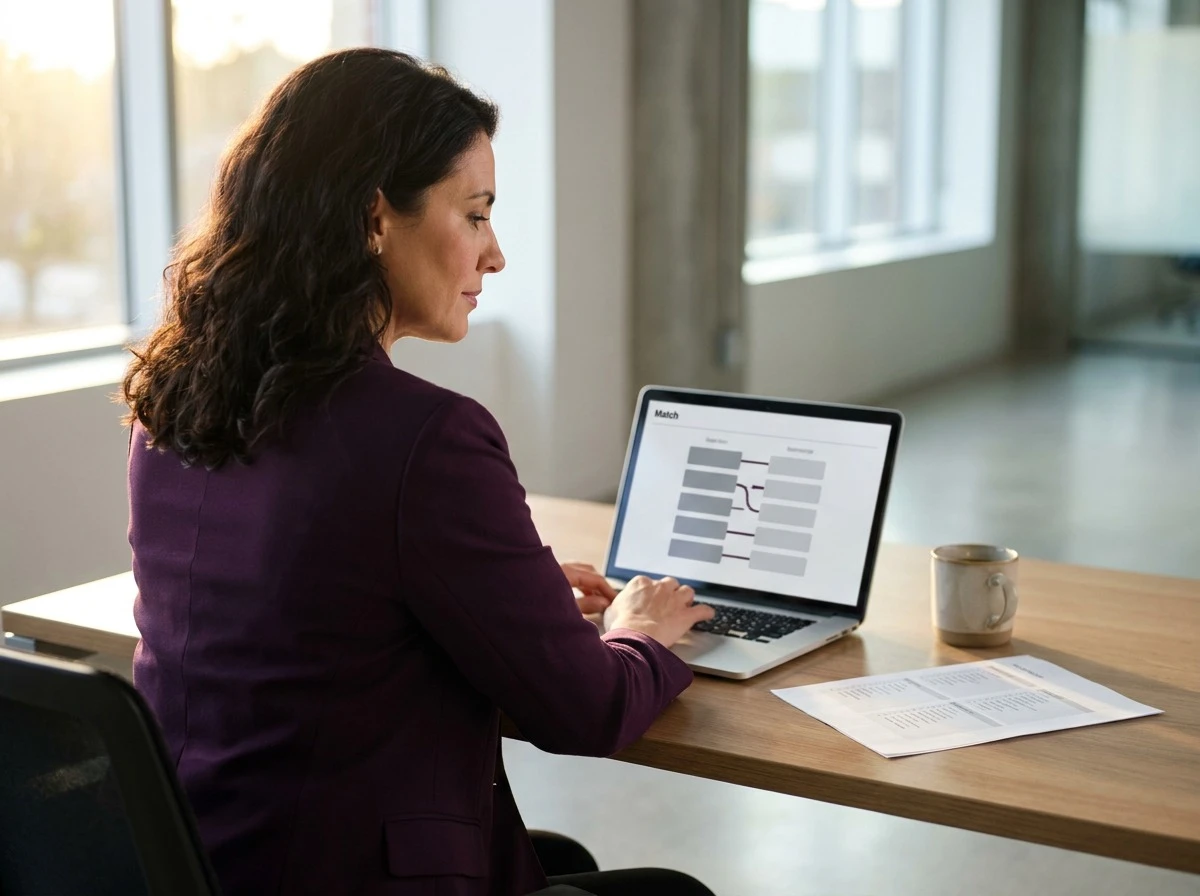 Revenue operations lead reviewing CRM record matching results between source and enriched data